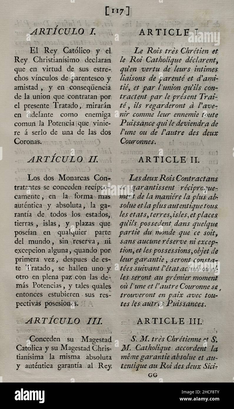 Treaty of Paris (III Family Compact). Treaty between King Charles III of Spain and King Louis XVI of France, signed in Paris on 15 August 1761. It meant Spain's involvement in the final phase of the Seven Years' War (1756-1763), with the purpose of recovering Minorca and Gibraltar, supporting France against England. Articles I and II. Collection of the Treaties of Peace, Alliance, Commerce adjusted by the Crown of Spain with the Foreign Powers (Colección de los Tratados de Paz, Alianza, Comercio ajustados por la Corona de España con las Potencias Extranjeras). Volume III. Madrid, 1801. Histori Stock Photo