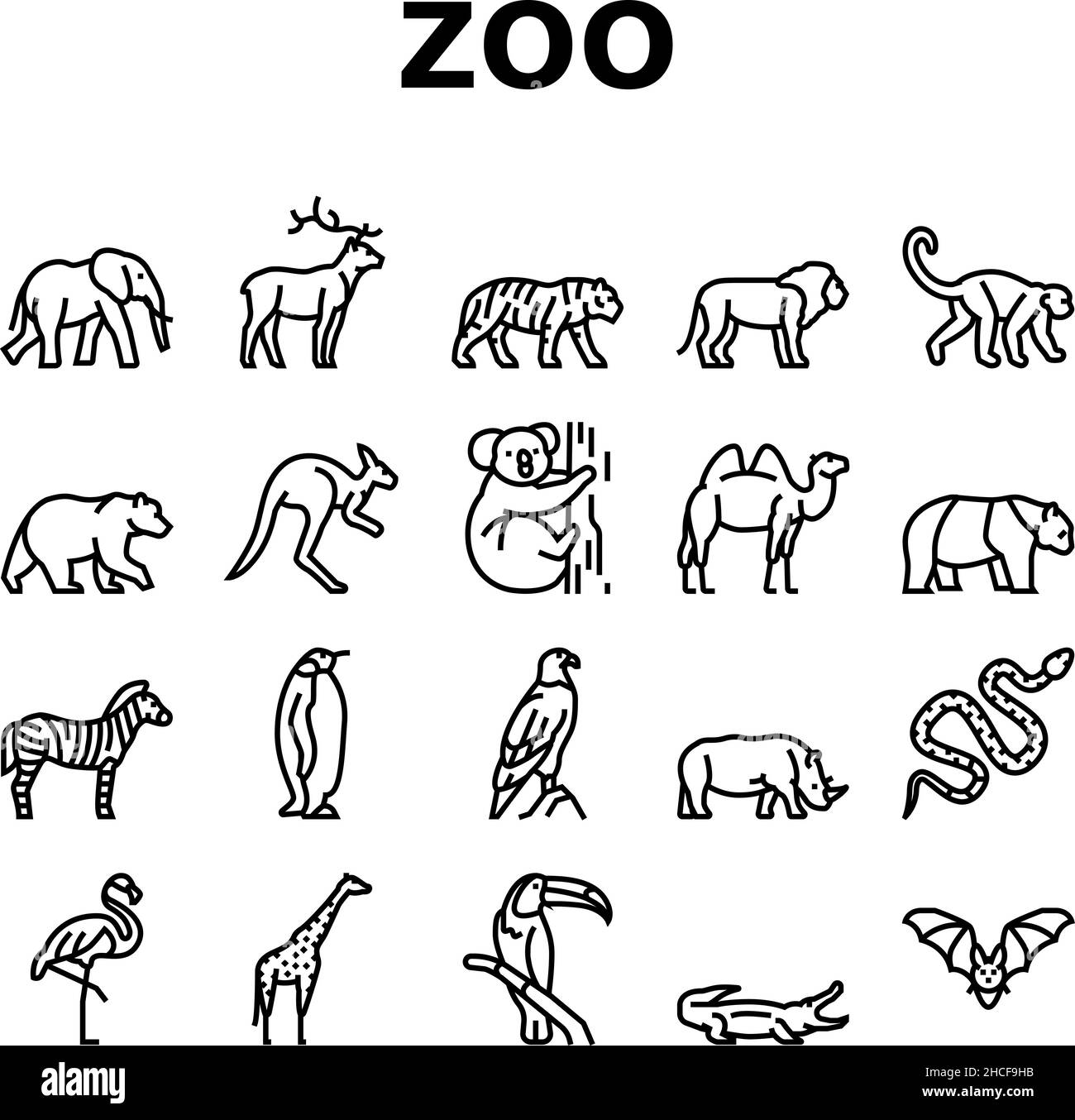 Zoo Animals, Birds And Snakes Icons Set Vector Stock Vector