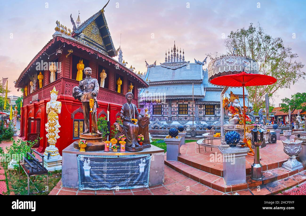CHIANG MAI, THAILAND - MAY 4, 2019: Panorama of Silver Temple (Wat Sri Suphan) with monument to Thai Royal Family, Ho Trai library, Ganesha shrine and Stock Photo