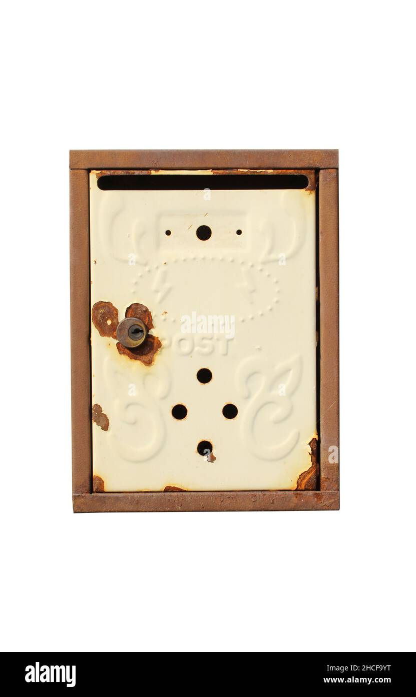 Front side of rusty mailbox isolated on white background. Retro design ...