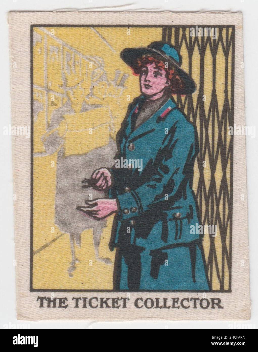 'The ticket collector': One of a series of silk cards portraying First World War women workers given away by the weekly magazine 'The Happy Home' as 'charming war souvenirs'. This image shows a woman standing in a railway station collecting tickets, the image of a commuter reading a newspaper is in the background Stock Photo
