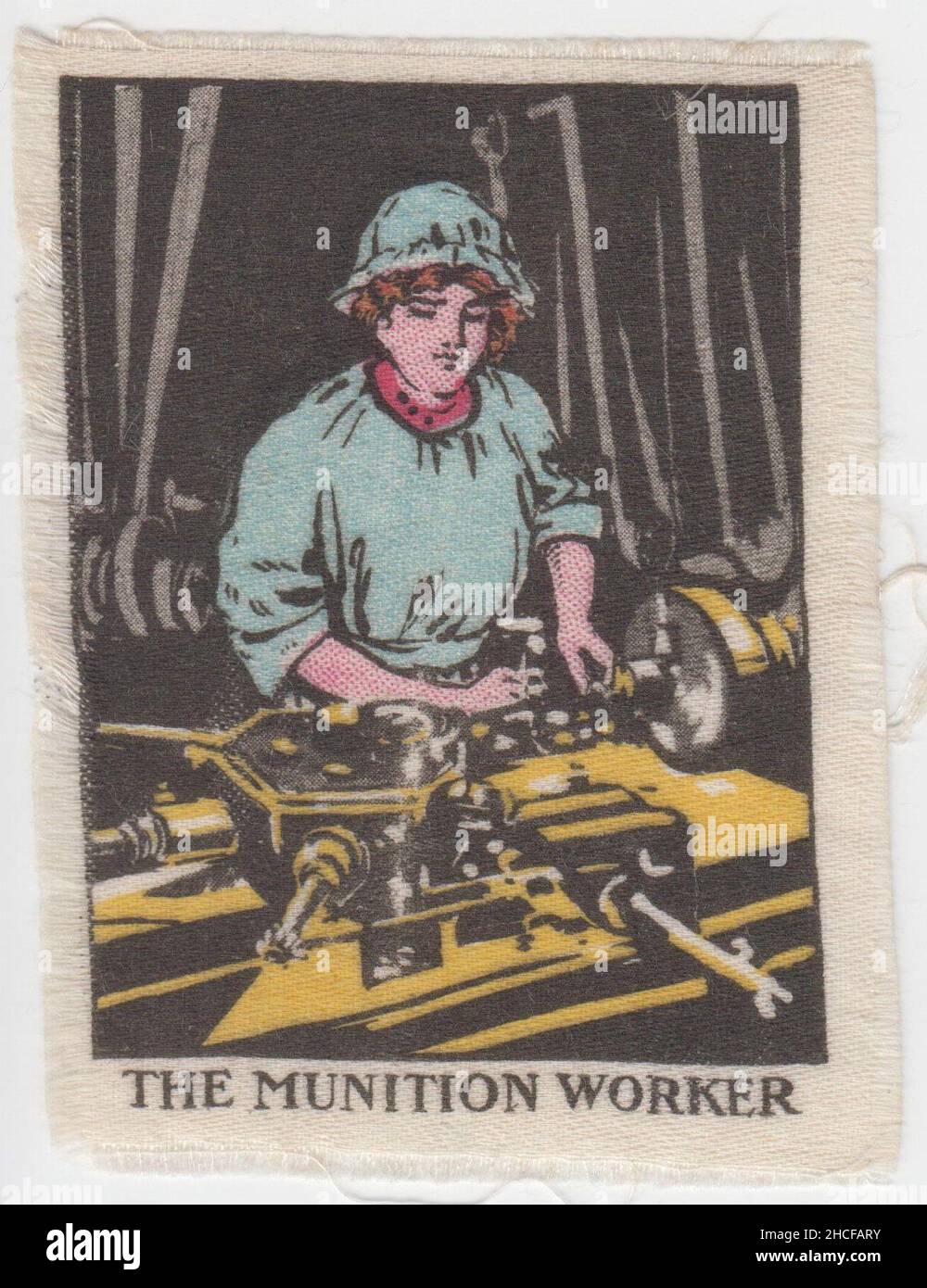 'The munition worker': One of a series of silk cards portraying First World War women workers given away by the weekly magazine 'The Happy Home' as 'charming war souvenirs'. The image shows an engineer at her machinery, producing munitions Stock Photo