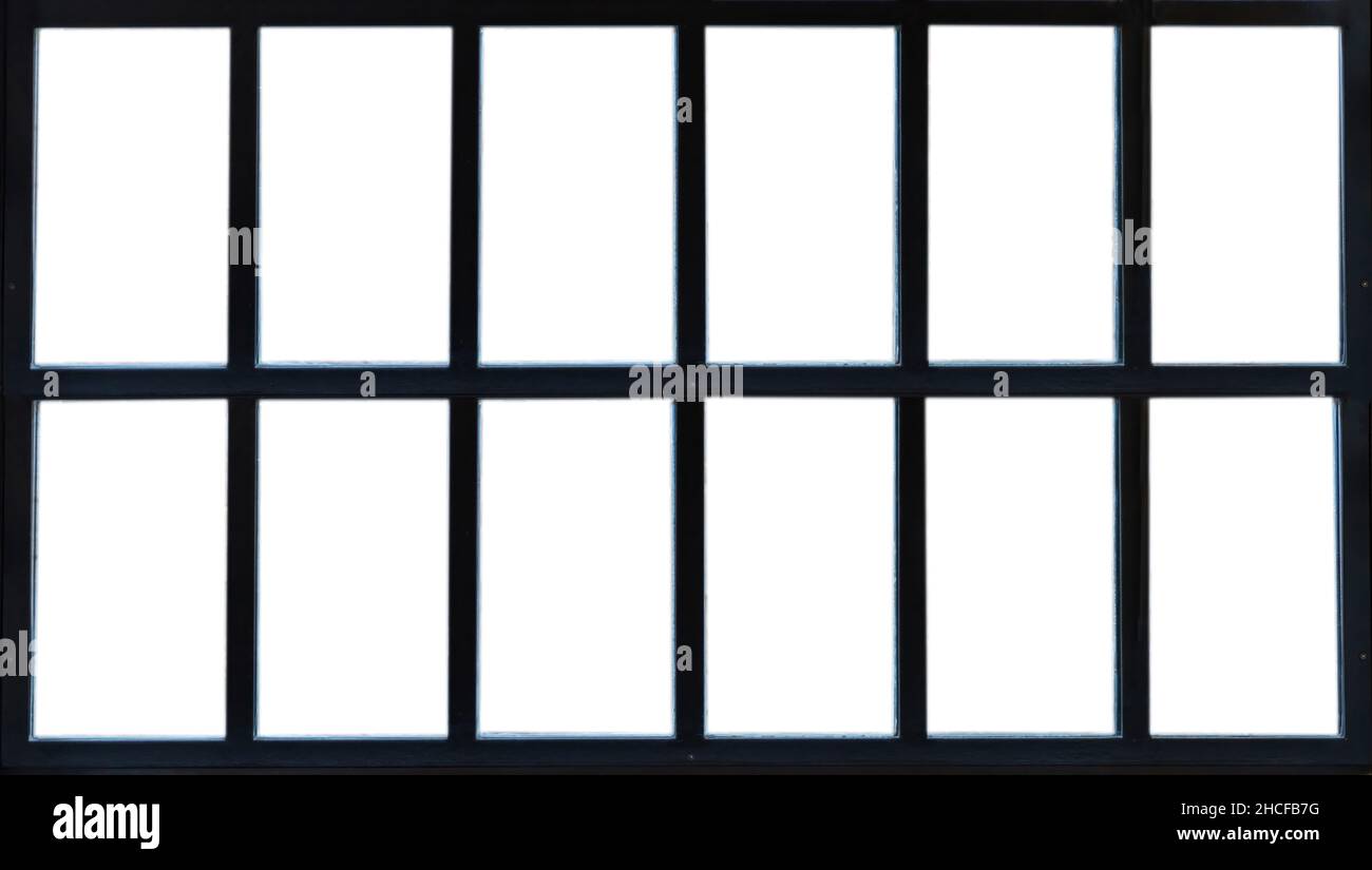 Metal frame window background. Black color aluminum grid and white glass pieces. Home facade, window template Stock Photo