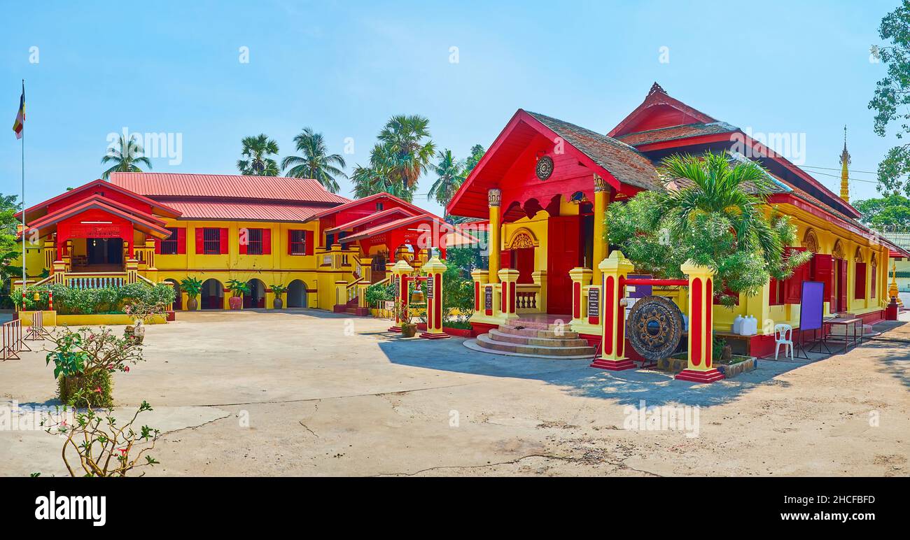 Panorama with Viharn and traditional multipurpose Burmese style building, located on grounds of Wat Sai Moon Myanmar temple, Chiang Mai, Thailand Stock Photo