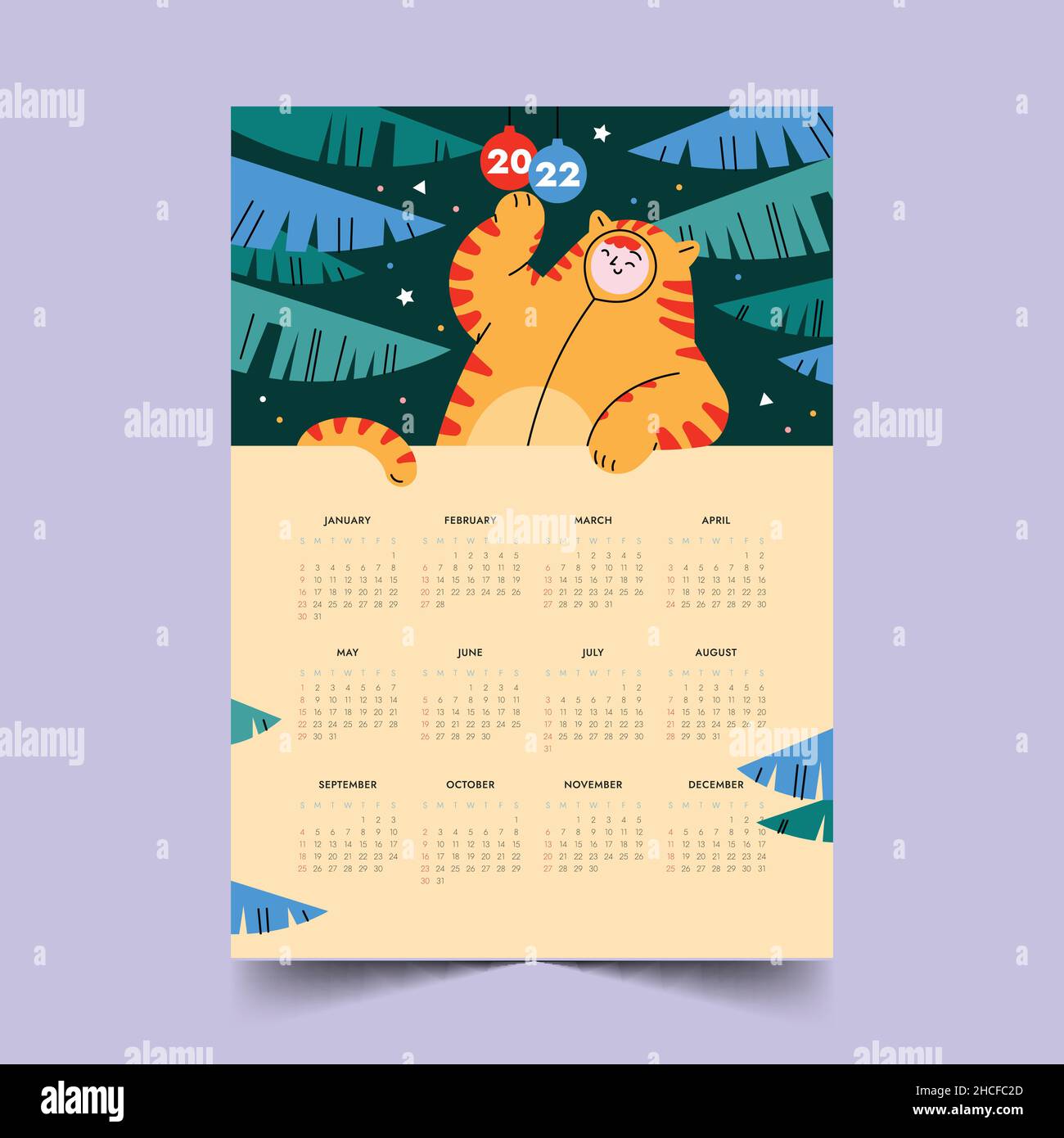 hand drawn flat 2022 calendar template abstract design vector illustration Stock Vector