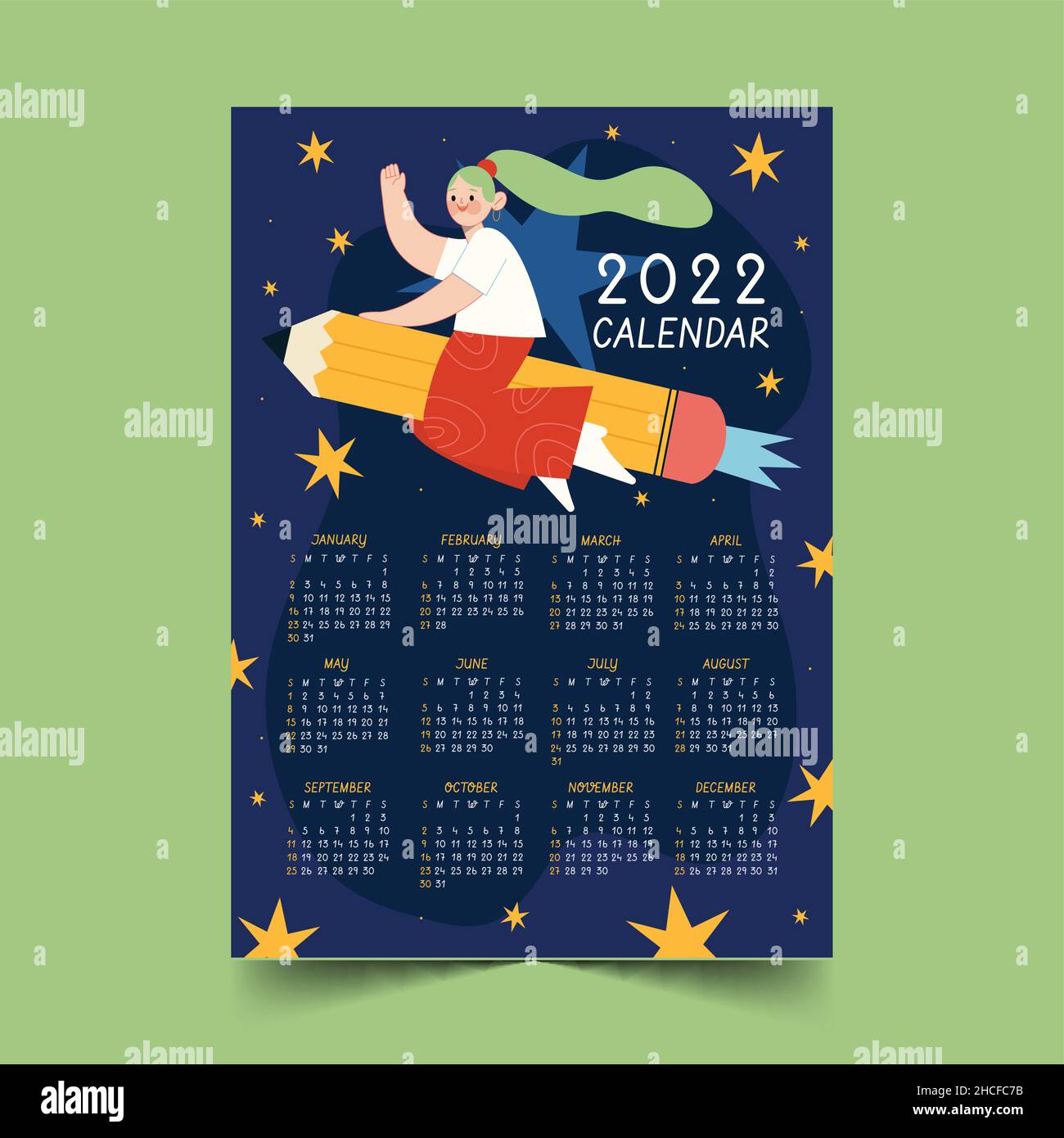 hand drawn flat 2022 calendar template abstract design vector illustration Stock Vector