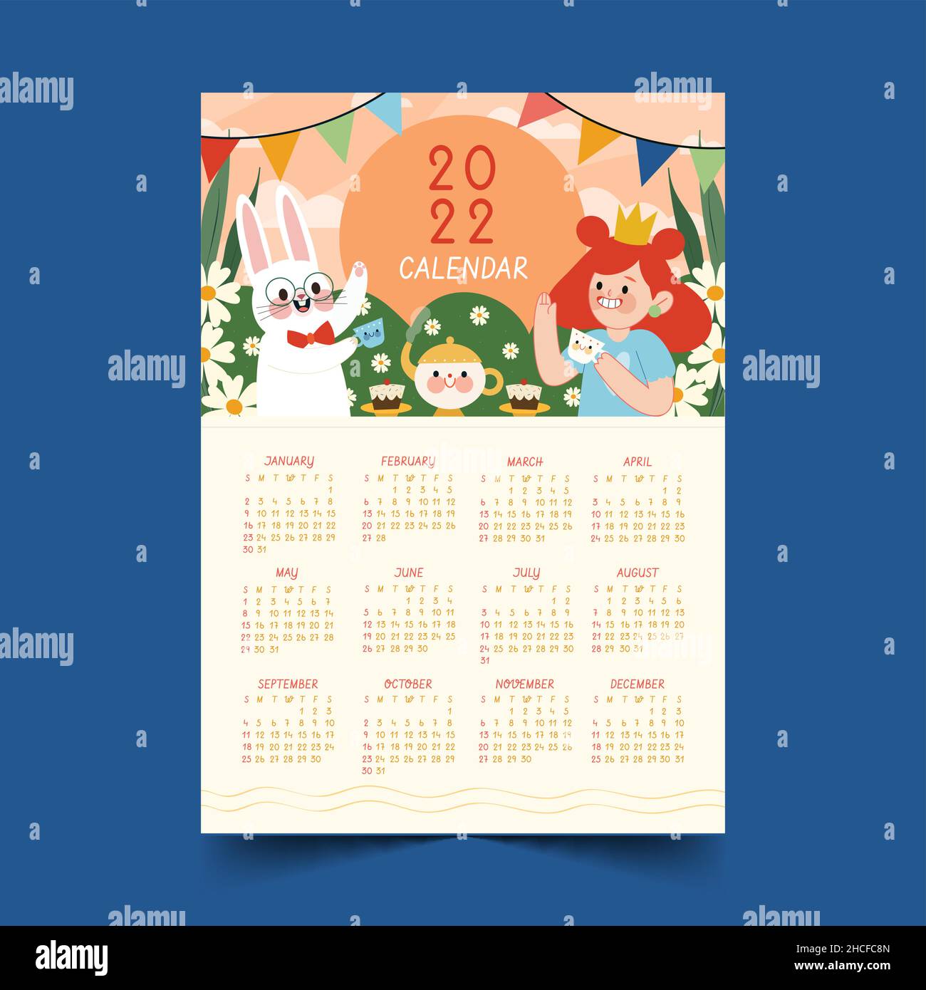 hand drawn flat 2022 calendar template abstract design vector illustration Stock Vector