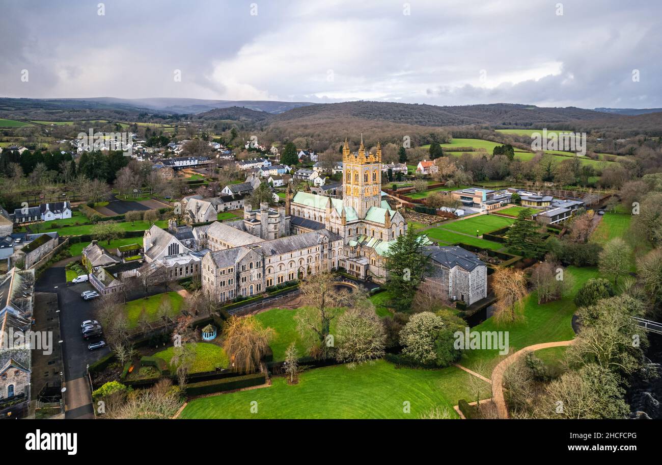 Buckfast Abbey Church from a drone, Buckfastleigh, Devon, England