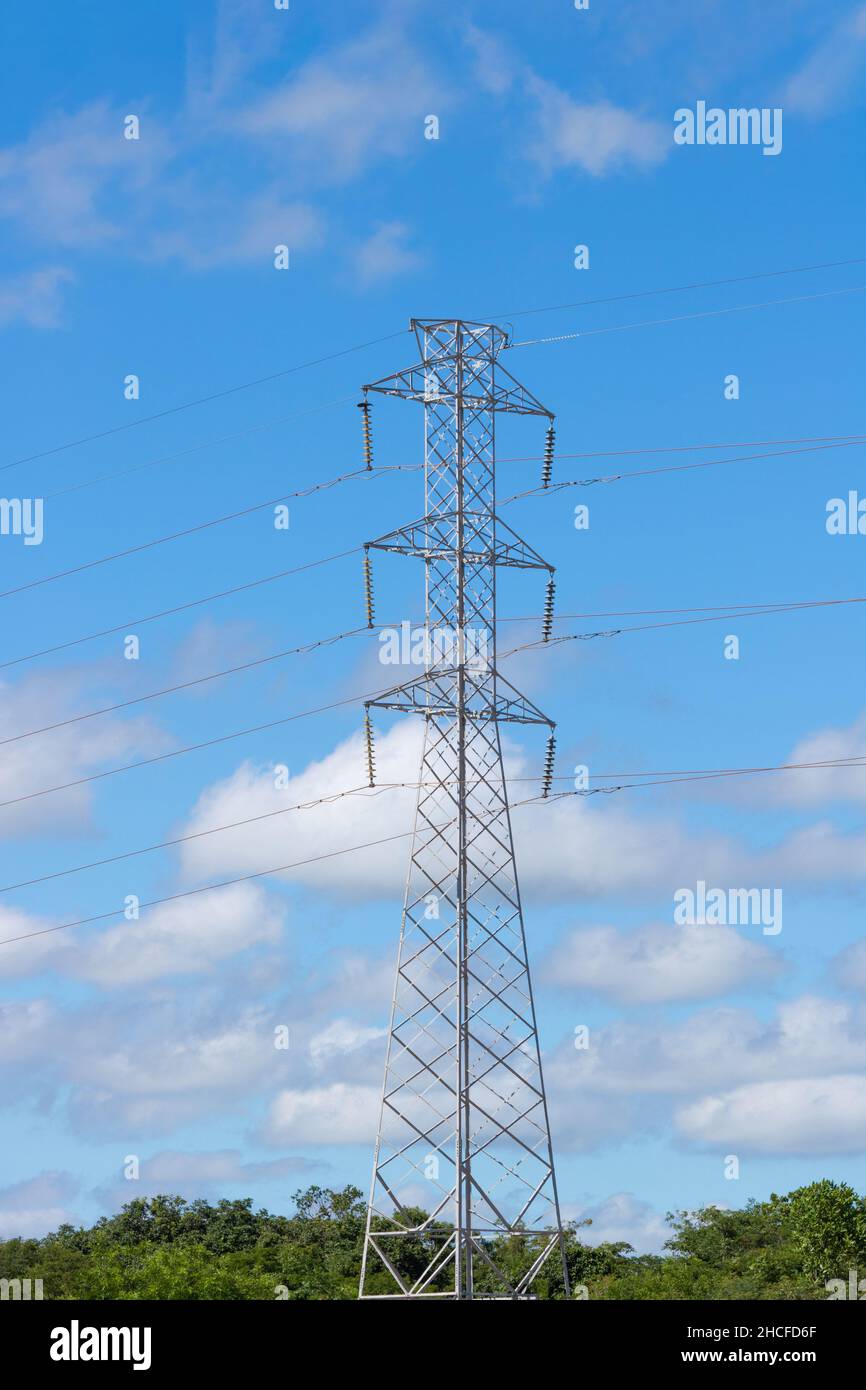 A power transmission high voltage tower in countryside isolated on ...