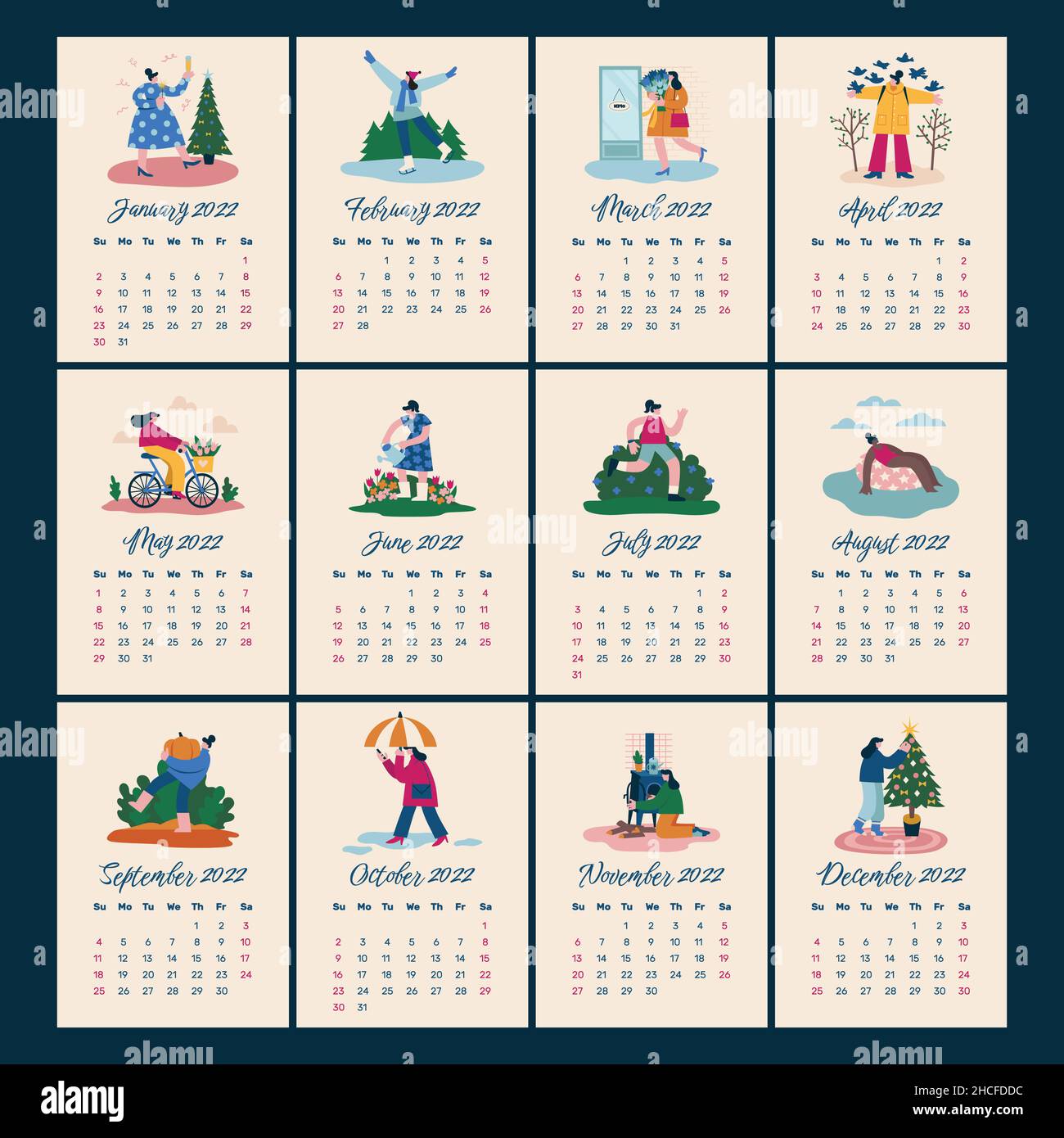hand drawn flat 2022 calendar template abstract design vector illustration Stock Vector