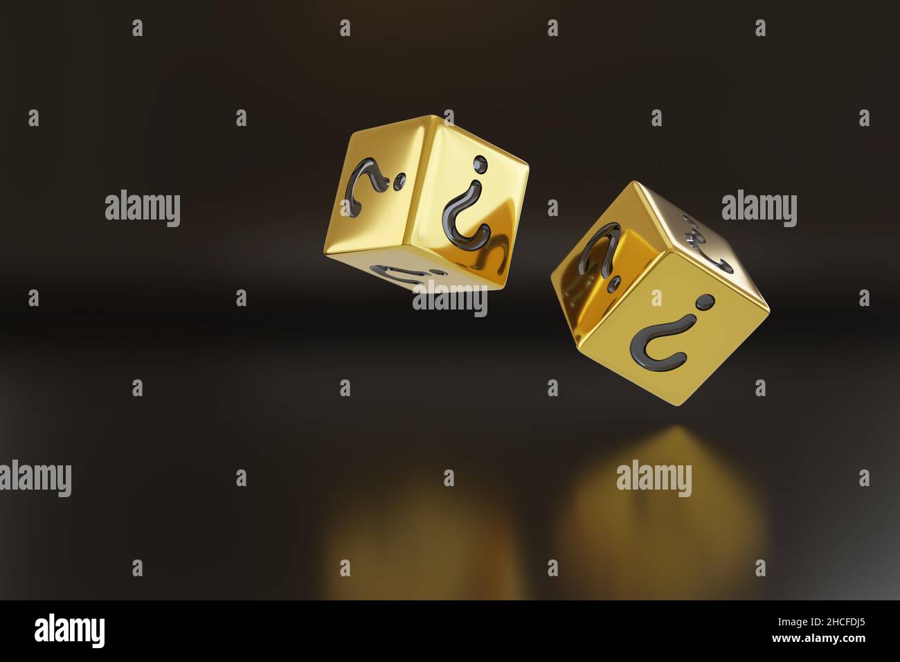 Two rolling golden dice with question marks on their faces isolated on dark background. Random concept. 3d illustration. Stock Photo