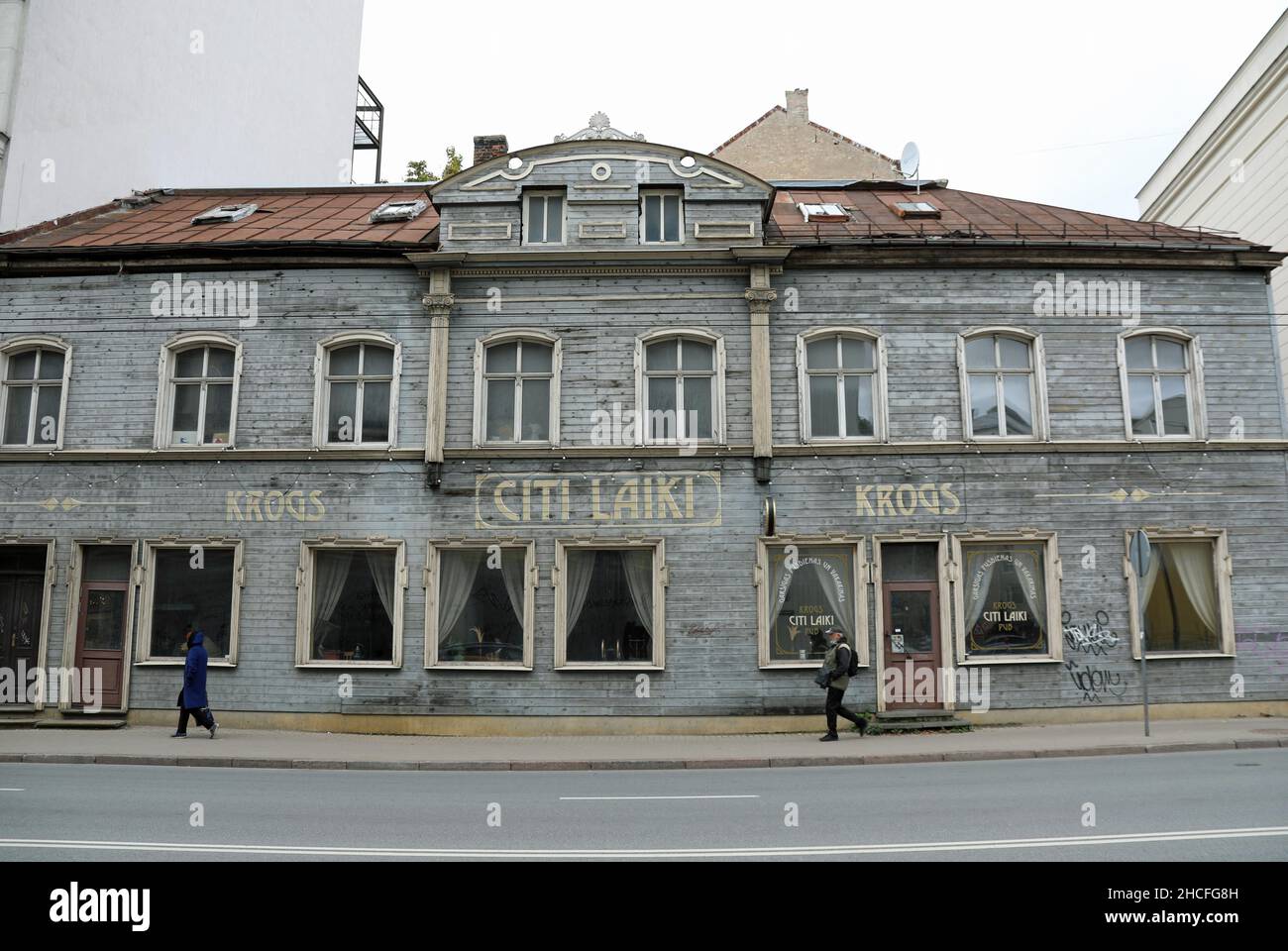 Citi Laiki pub in a traditional Latvian wooden building in Riga Stock Photo