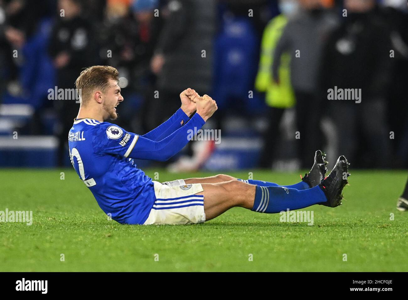 Kiernan Dewsbury-Hall #22 of Leicester City celebrates the 1-0 win