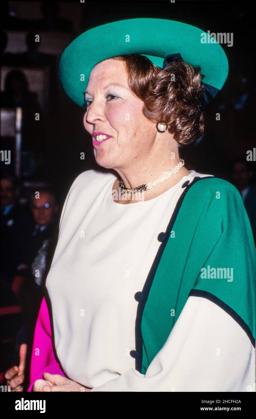 UTRECHT, THE NETHERLANDS - MAR 12, 1986: Queen Beatrix of the Netherlands opens the 70th lustrum of the University of Utrecht in music centre Vredenbu Stock Photo