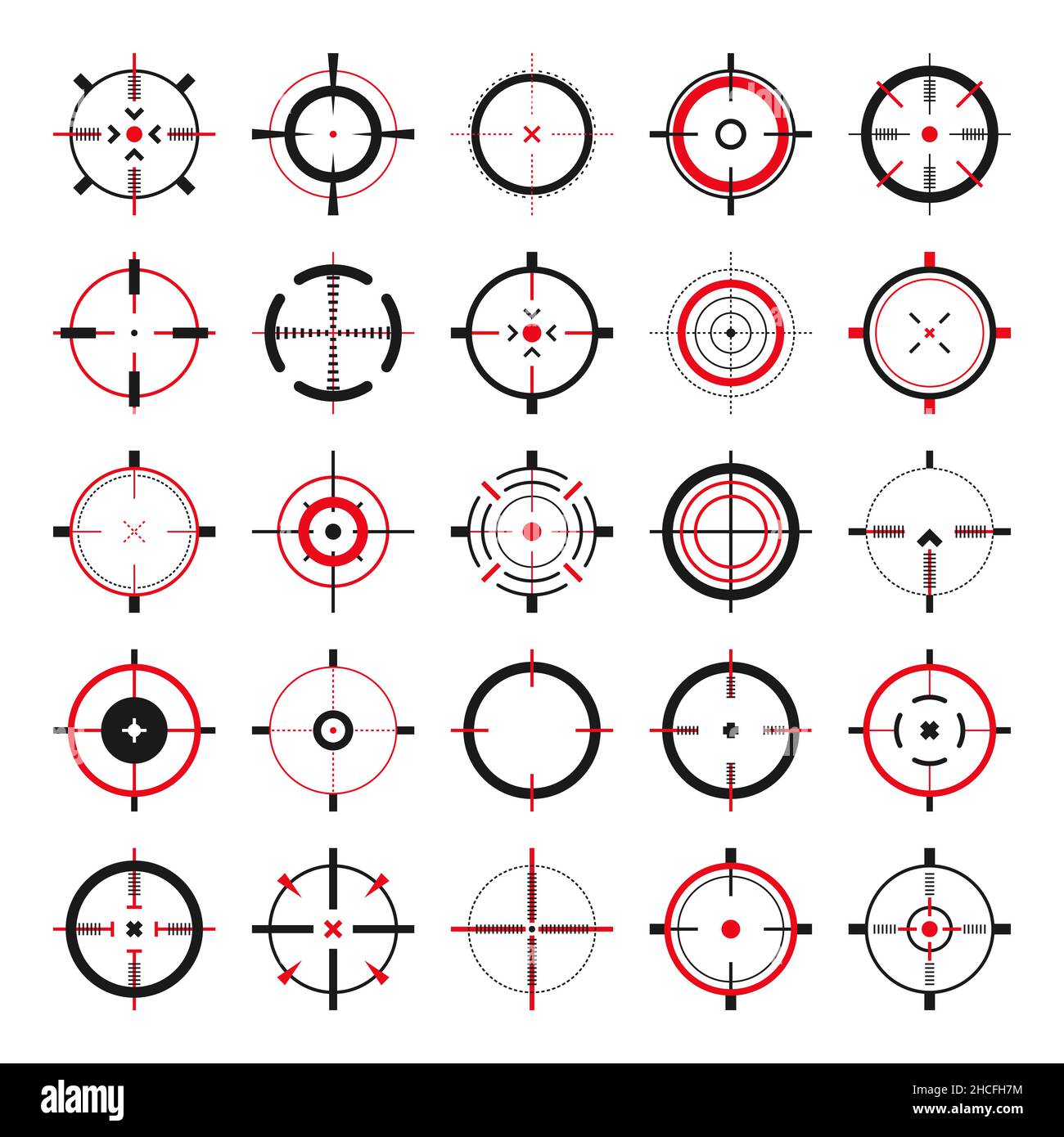 Crosshair, gun sight vector icons. Bullseye, black target or aim symbol
