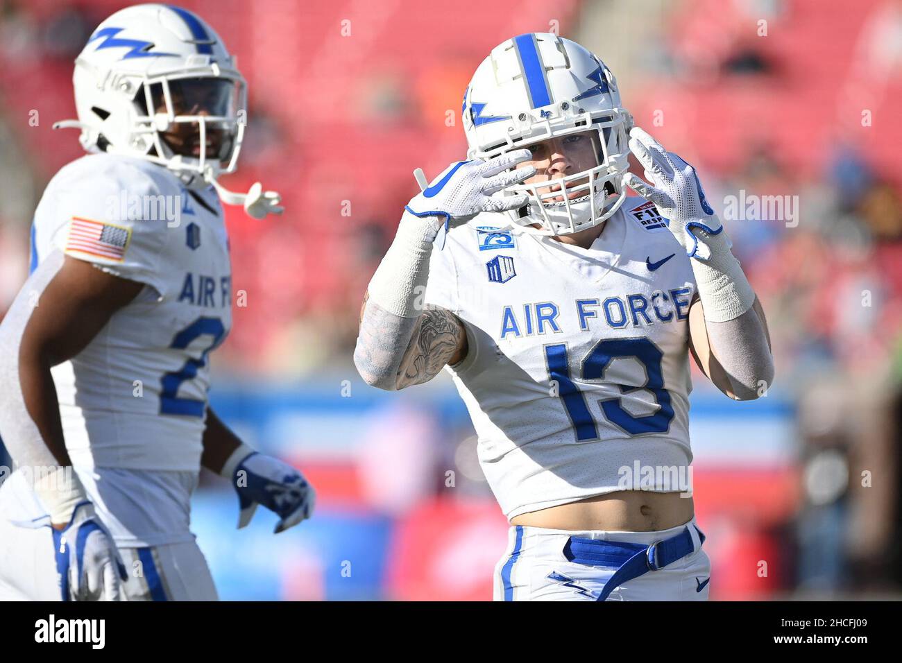 Dallas, Texas, USA. December 28, 2021: Air Force Falcons wide receiver Brandon Lewis (13) poses for the camera after scoring a touchdown during the ServPro First Responder bowl game between The United States Air Force Academy and the University of Louisville Cardinals at Gerald J. Ford Stadium in Dallas, TX. Air Force leads the first half against Louisville, 28-14. Patrick Green/CSM Credit: Cal Sport Media/Alamy Live News Stock Photo