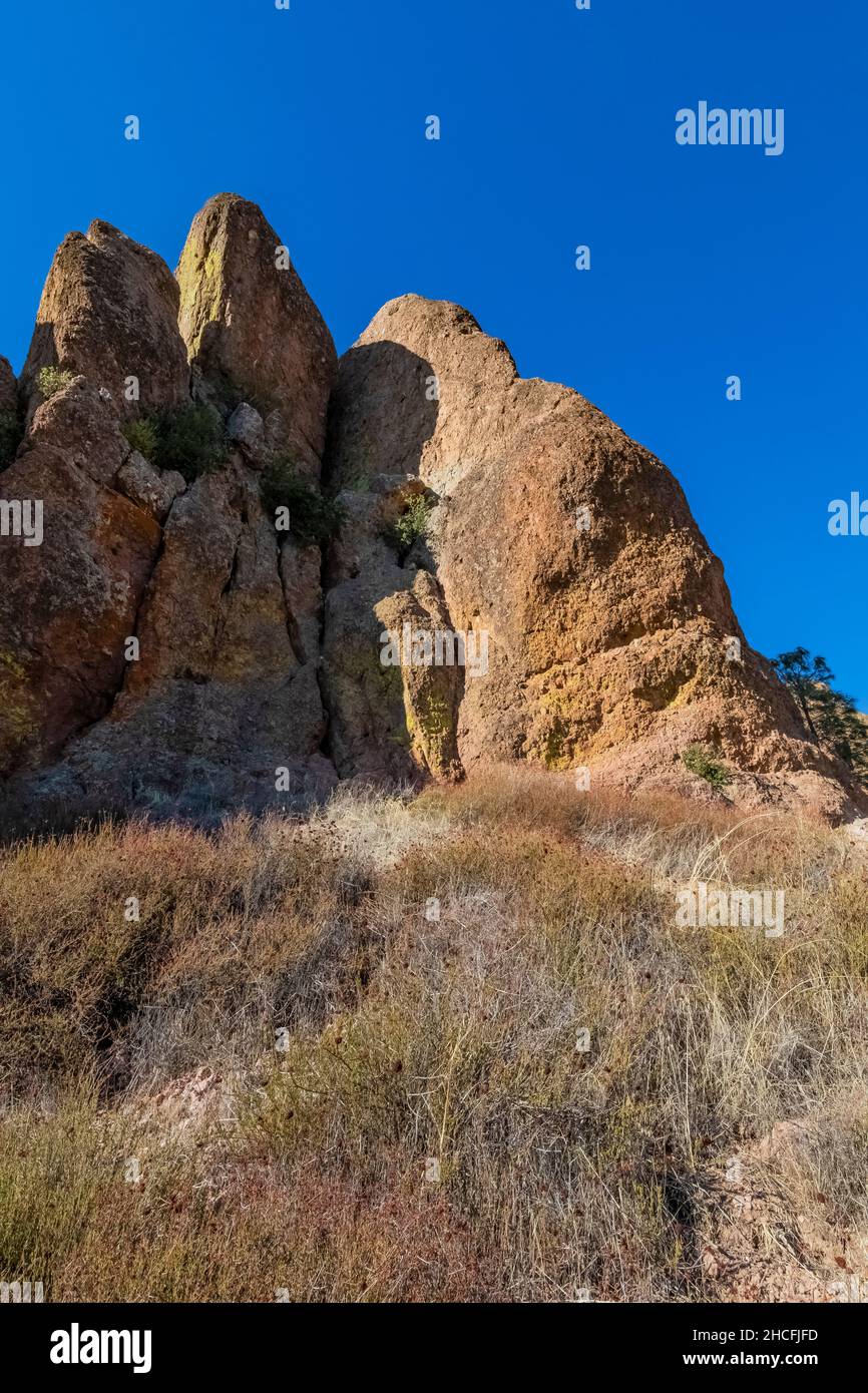 Pinnacles Volcanic Formations, made of eroded volcanic breccia, viewed from High Peaks Trail in Pinnacles National Park, California, USA Stock Photo