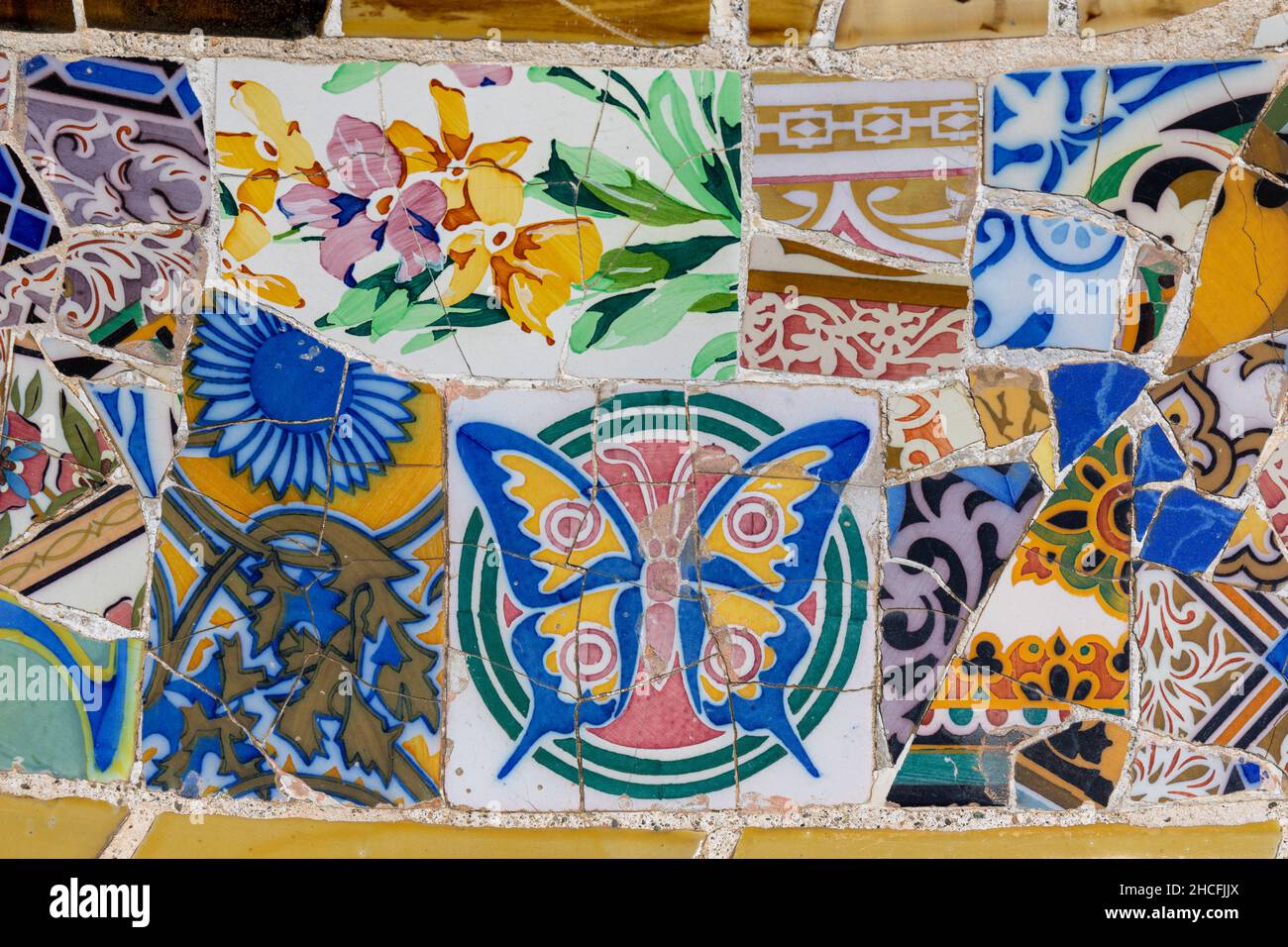 Gaudi colorful and emblematic mosaic work on the main terrace of the Park Guell, Barcelona Stock Photo