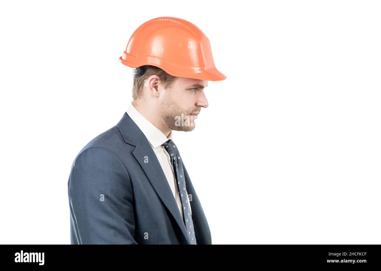 Engineering with value. Profile portrait of engineer. Civil engineer side-face. Construction man Stock Photo