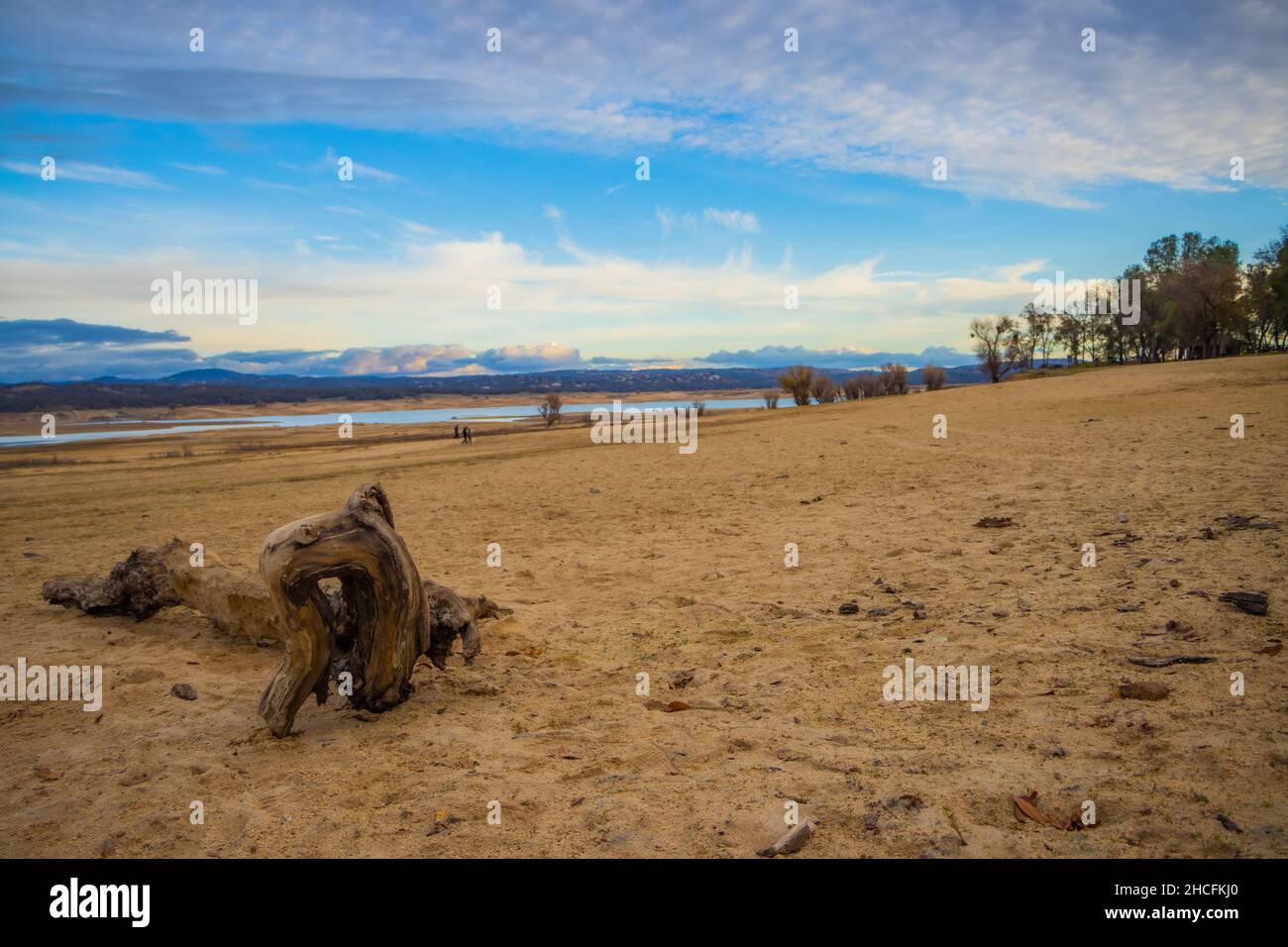 Beautiful shot of the dry shore of Folsom Lake on a sunny day Stock Photo