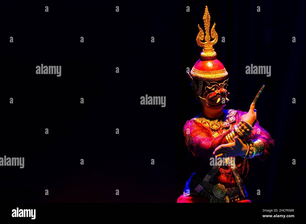 lakhon khol khmer masked dance performer in costume at phnom penh cambodia theater stage Stock Photo
