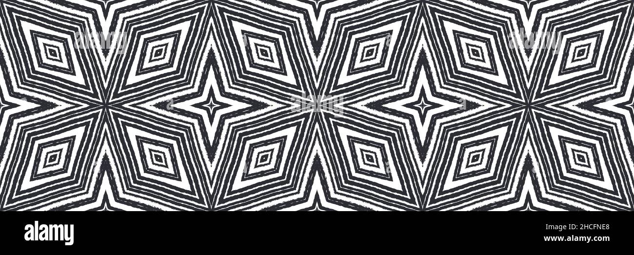 Tiled watercolor seamless border. Black symmetrical kaleidoscope background. splendid decorative design element for background. Hand painted tiled wat Stock Photo