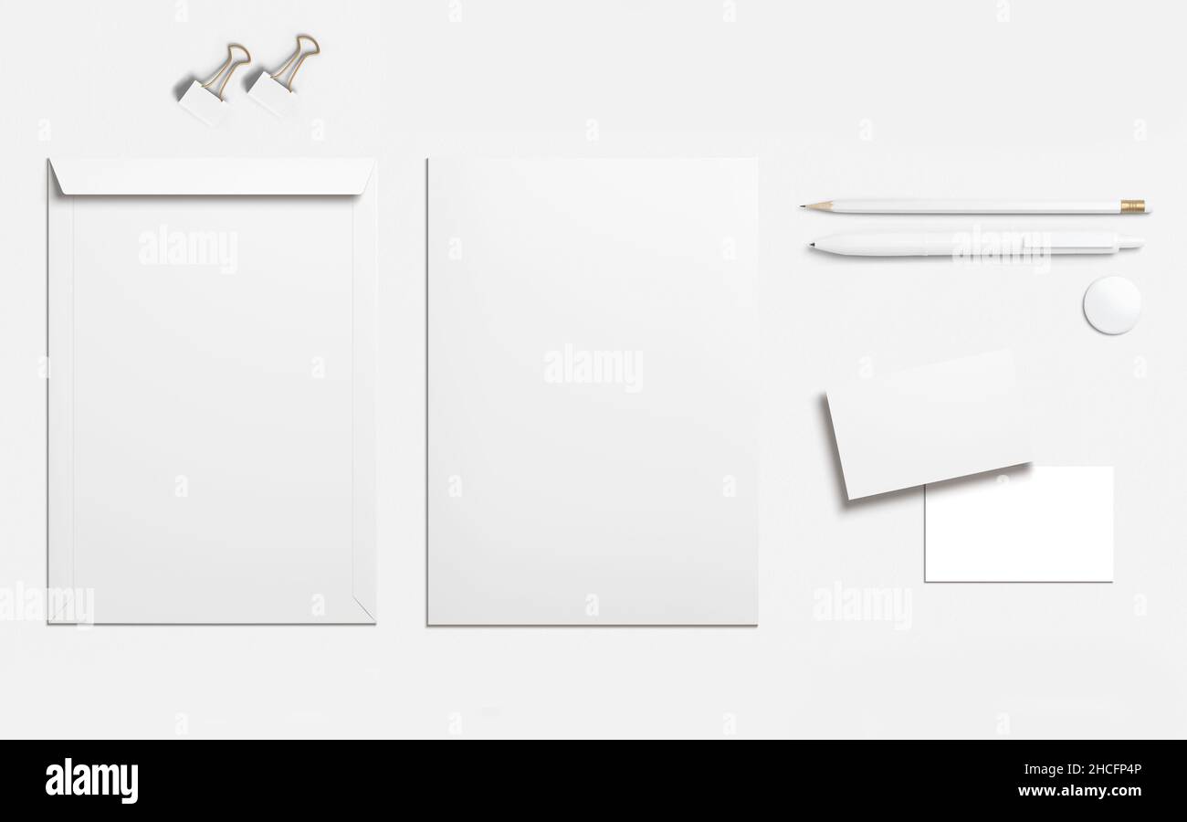 Office stationery set, envelope, sheet, business cards, pencil, pen and