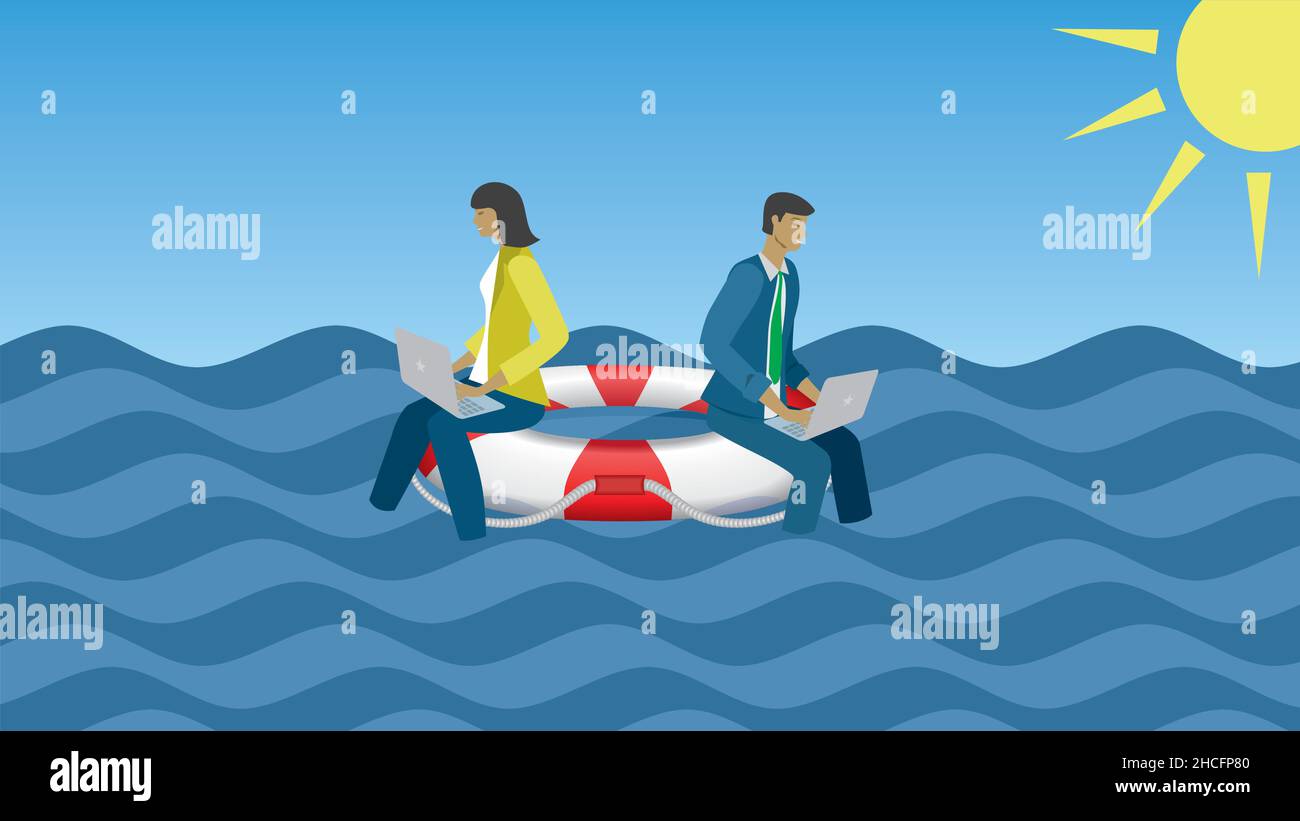 Safety. Floating on lifebuoy. Man and woman. Vector illustration. Stock Vector
