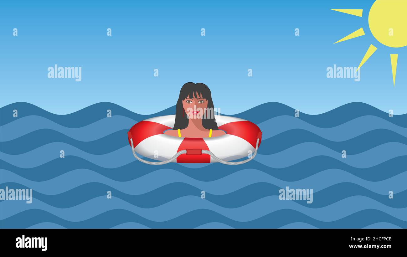 Safety. Woman floating in lifebuoy. Vector illustration. Stock Vector