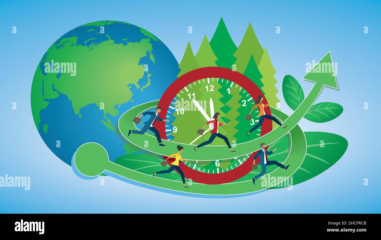 Time to change to stop climate changes. Save our environment. People running around the clock. Vector illustration. Dimension 16:9. Stock Vector