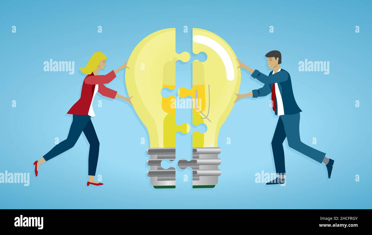 Cooperation about idea and development. Vector illustration. Dimension 16:9. EPS10. Stock Vector