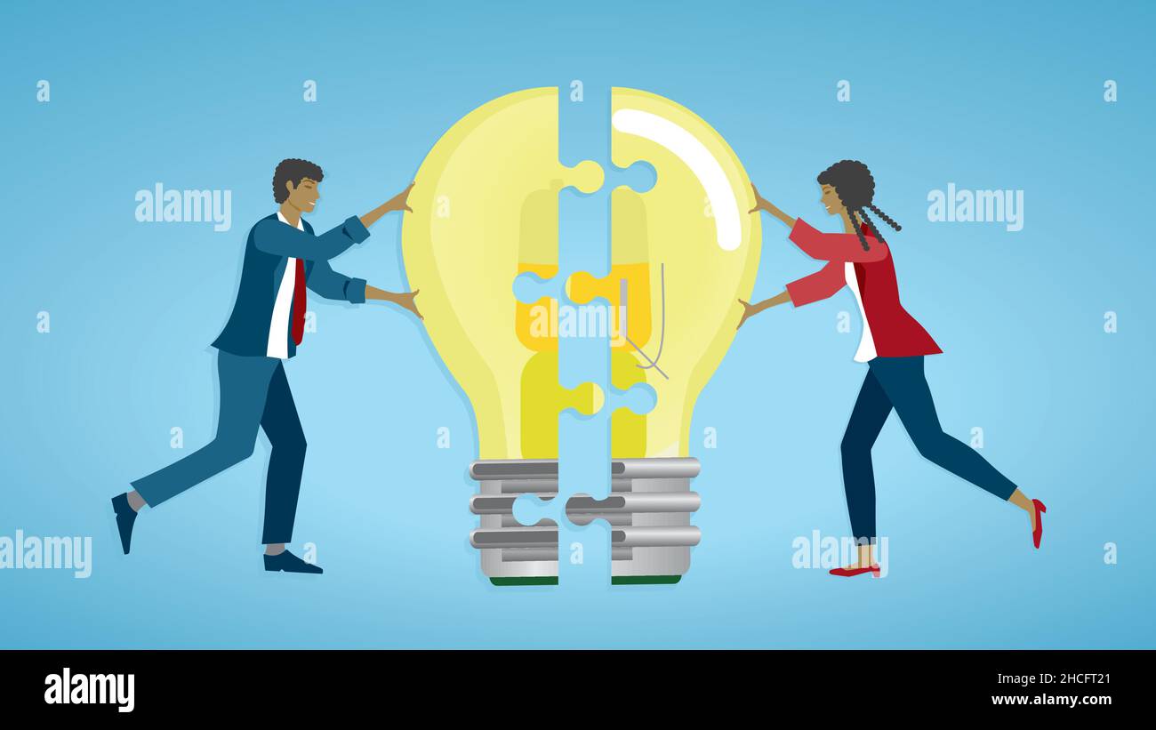 Cooperation about idea and development. Vector illustration. Dimension 16:9. EPS10. Stock Vector