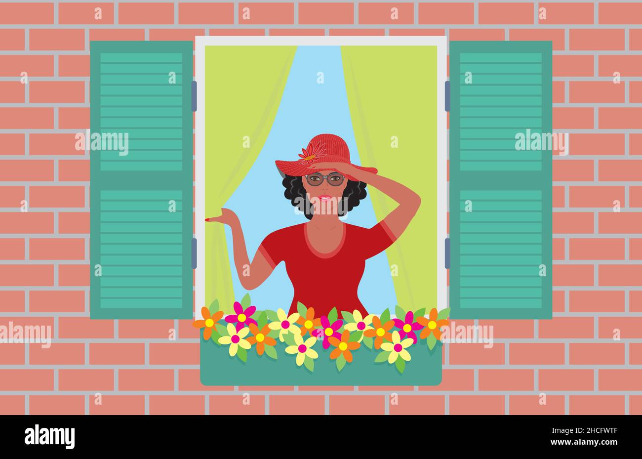 Woman looking out from her window. Vector illustration. Dimension 16:9. EPS10. Stock Vector