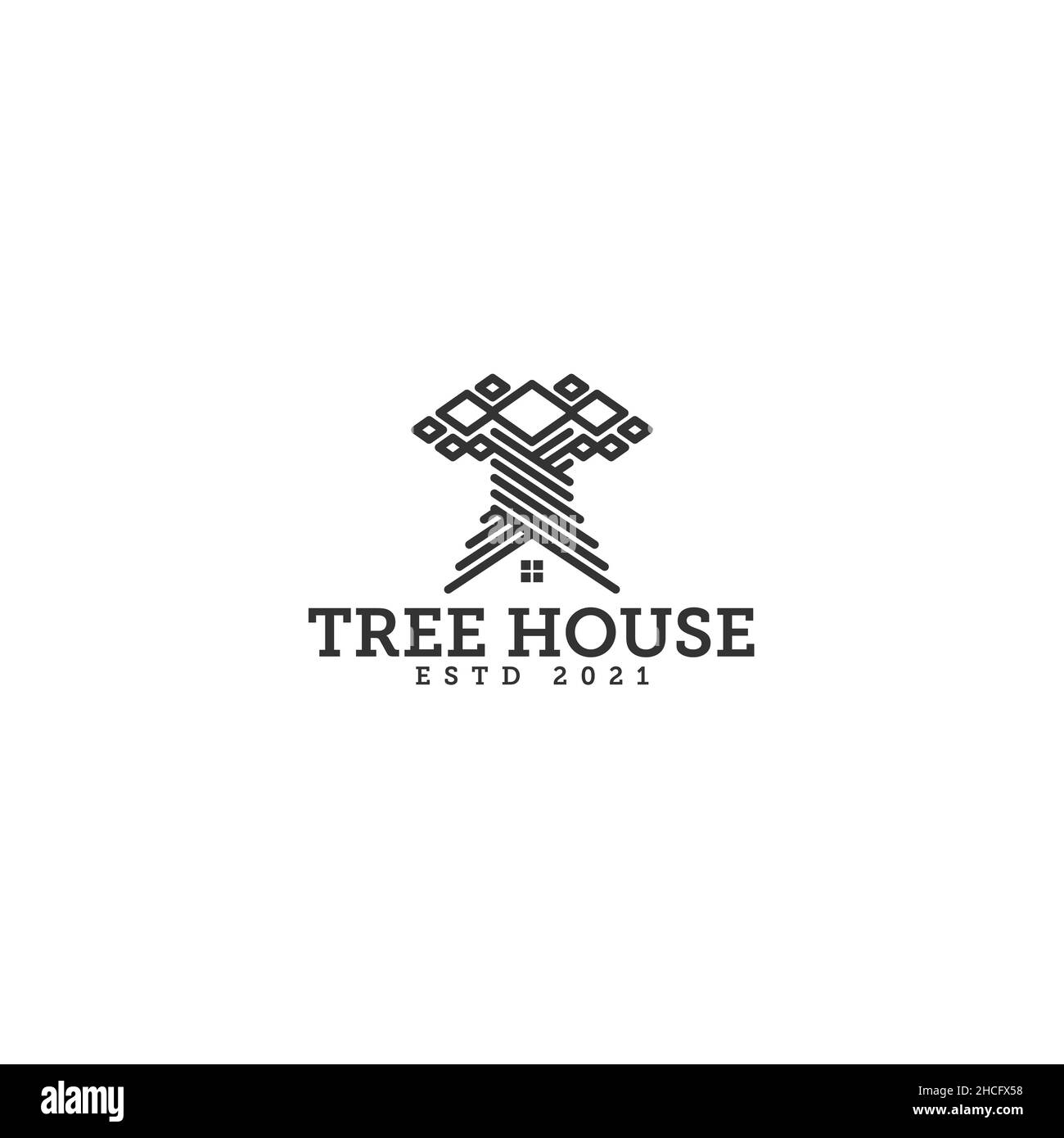 Minimalist flat silhouette Tree House logo design Stock Vector