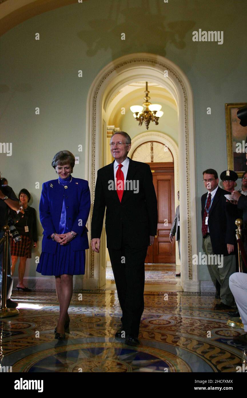 3 October 2005 - Washington, DC - Supreme Court nominee Harriet Miers meets with Democratic Senate Leader Harry Reid in his office and then proceeded to meet with the press and make remarks and take questions. Photo Credit:   G. Fabiano/Sipa USA/0510032203 Stock Photo