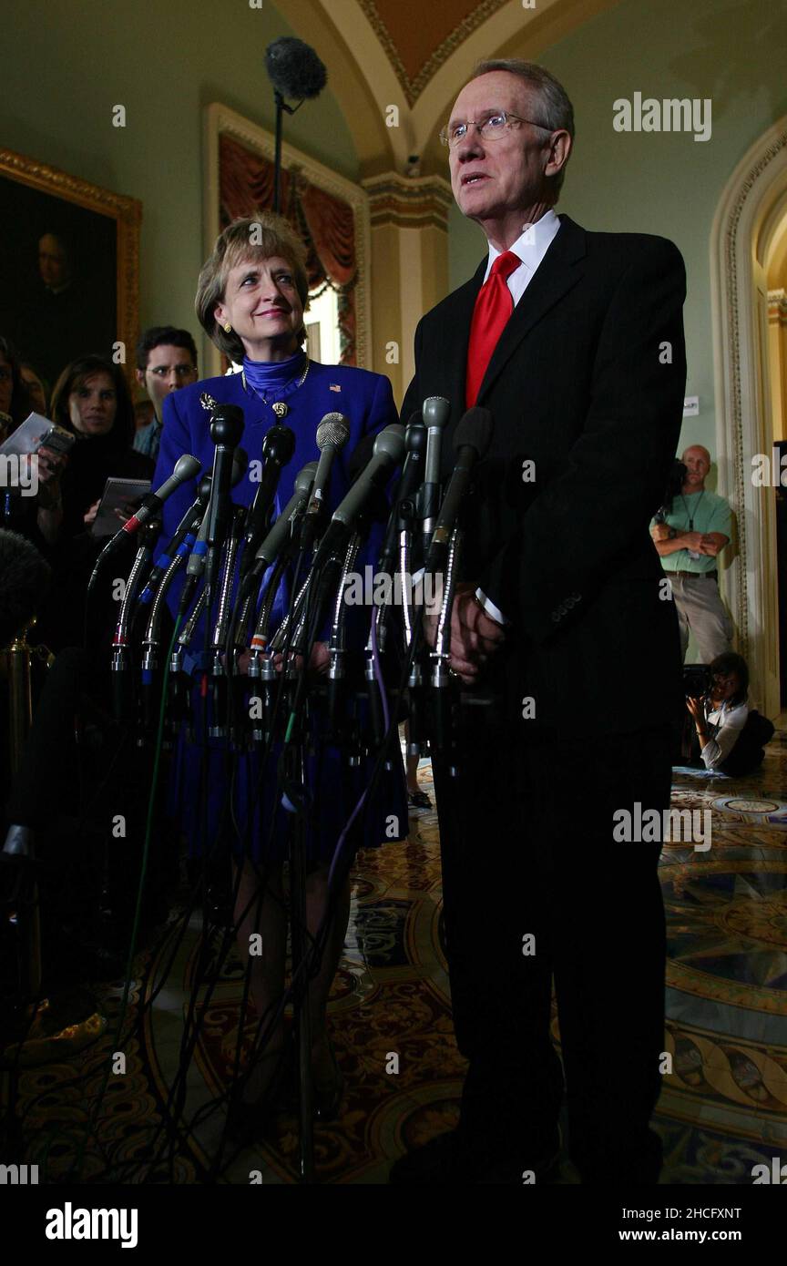 3 October 2005 - Washington, DC - Supreme Court nominee Harriet Miers meets with Democratic Senate Leader Harry Reid in his office and then proceeded to meet with the press and make remarks and take questions. Photo Credit:   G. Fabiano/Sipa USA/0510032204 Stock Photo