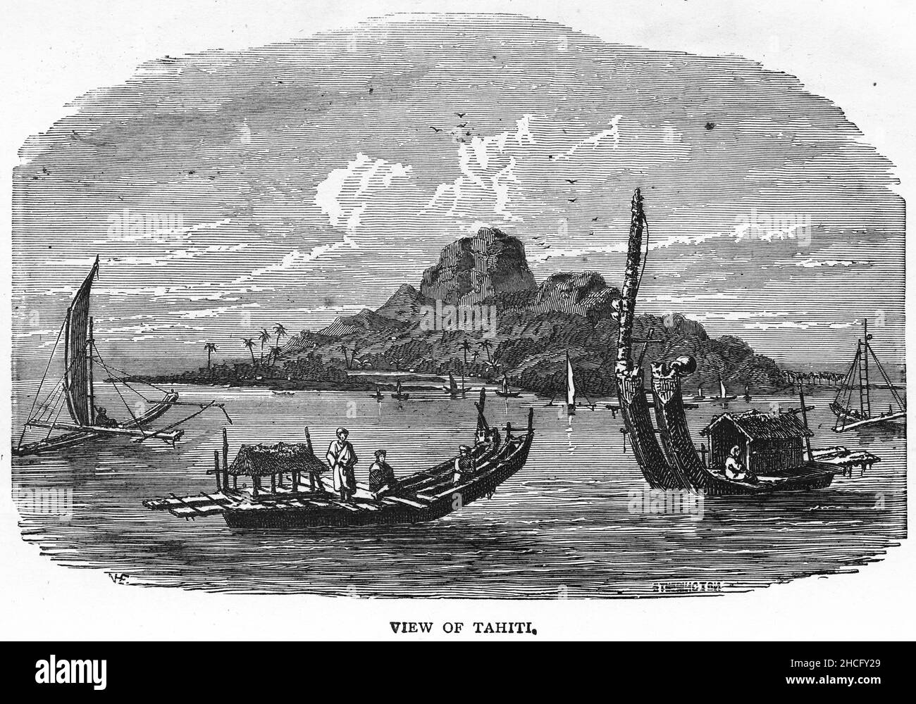 view of Tahiti during one of  Captain Cook's expeditions of exploration in the late 1700s, published circa 1900 Stock Photo