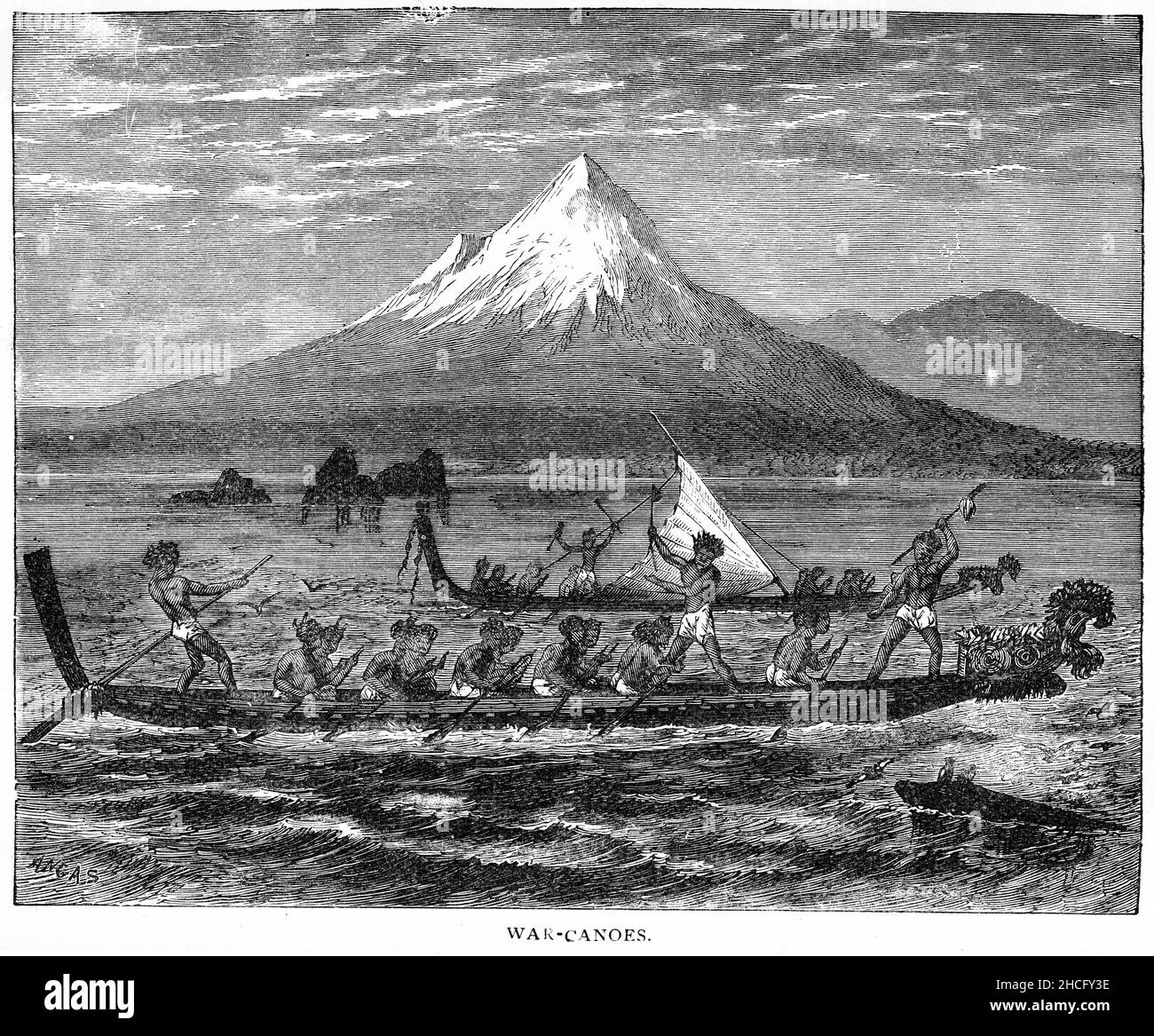 View of New Zealand Maori war canoes during one of Cook's expeditions of exploration in the late 1700s, published circa 1900 Stock Photo