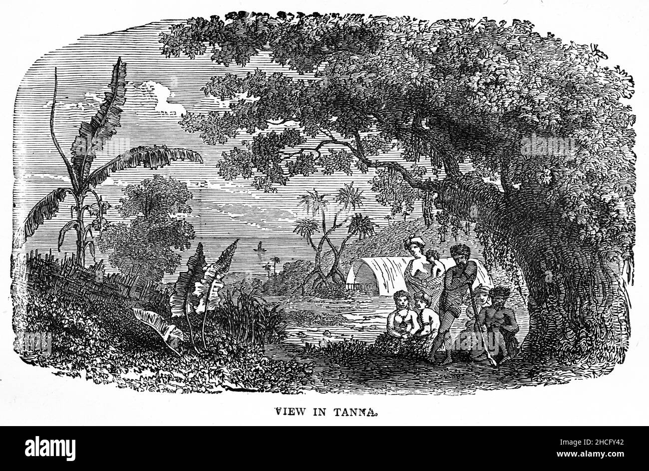 View of  the island of Tanna in Vanuatu during one of Cook's expeditions of exploration in the late 1700s, published circa 1900 Stock Photo