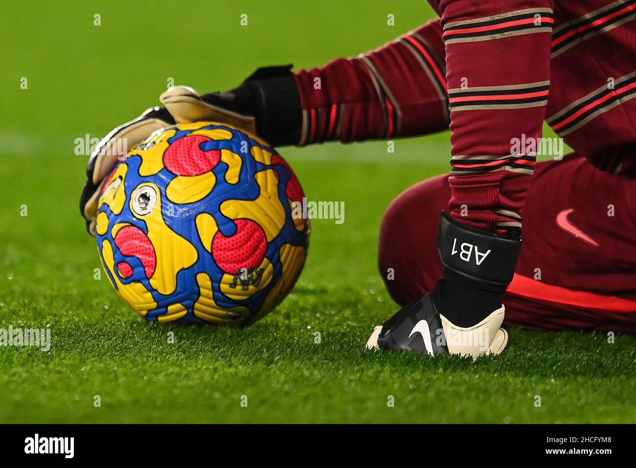 Alisson Becker #1 of Liverpool branded glove during the pre-game warmup in,  on 12/28/2021. (Photo by Craig Thomas/News Images/Sipa USA) Credit: Sipa  USA/Alamy Live News Stock Photo - Alamy