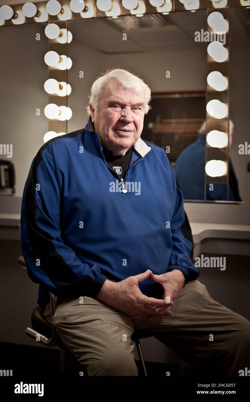 JOHN MADDEN (April 10, 1936 - December 28, 2021) was an American football coach and sportscaster. Madden was the head coach of the NFL Oakland Raiders for ten seasons (1969-1978), and helmed them to a championship victory in Super Bowl XI (1977). After retiring from coaching, he served as a color commentator for NFL telecasts until 2009. The 85-year old died Tuesday morning. FILE PHOTO SHOT ON: December 5, 2010, Pleasanton, California, USA: Former NFL coach and broadcaster JOHN MADDEN is photographed at his Goal Line Productions facility. Credit: Martin Klimek/ZUMAPRESS.com/Alamy Live News Stock Photo