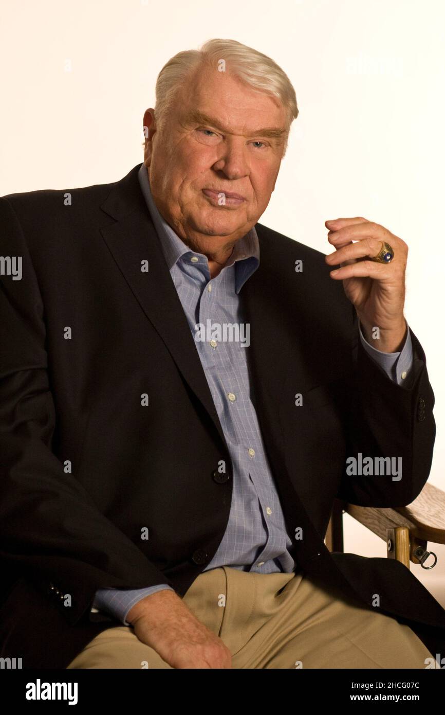 JOHN MADDEN (April 10, 1936 - December 28, 2021) was an American football coach and sportscaster. Madden was the head coach of the NFL Oakland Raiders for ten seasons (1969-1978), and helmed them to a championship victory in Super Bowl XI (1977). After retiring from coaching, he served as a color commentator for NFL telecasts until 2009. The 85-year old died Tuesday morning. FILE PHOTO SHOT ON: July 17, 2008, Pleasanton, California, USA: Former football player and coach JOHN MADDEN at Goal Line Productions. (Credit Image: © Martin Klimek/ZUMA Press) Stock Photo