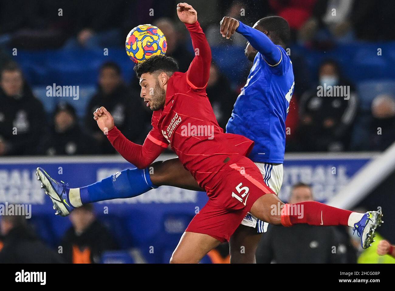 Alex Oxlade-Chamberlain #15 of Liverpool and Boubakary Soumare #42 of Leicester City battles for the ball in, on 12/28/2021. (Photo by Craig Thomas/News Images/Sipa USA) Credit: Sipa USA/Alamy Live News Stock Photo