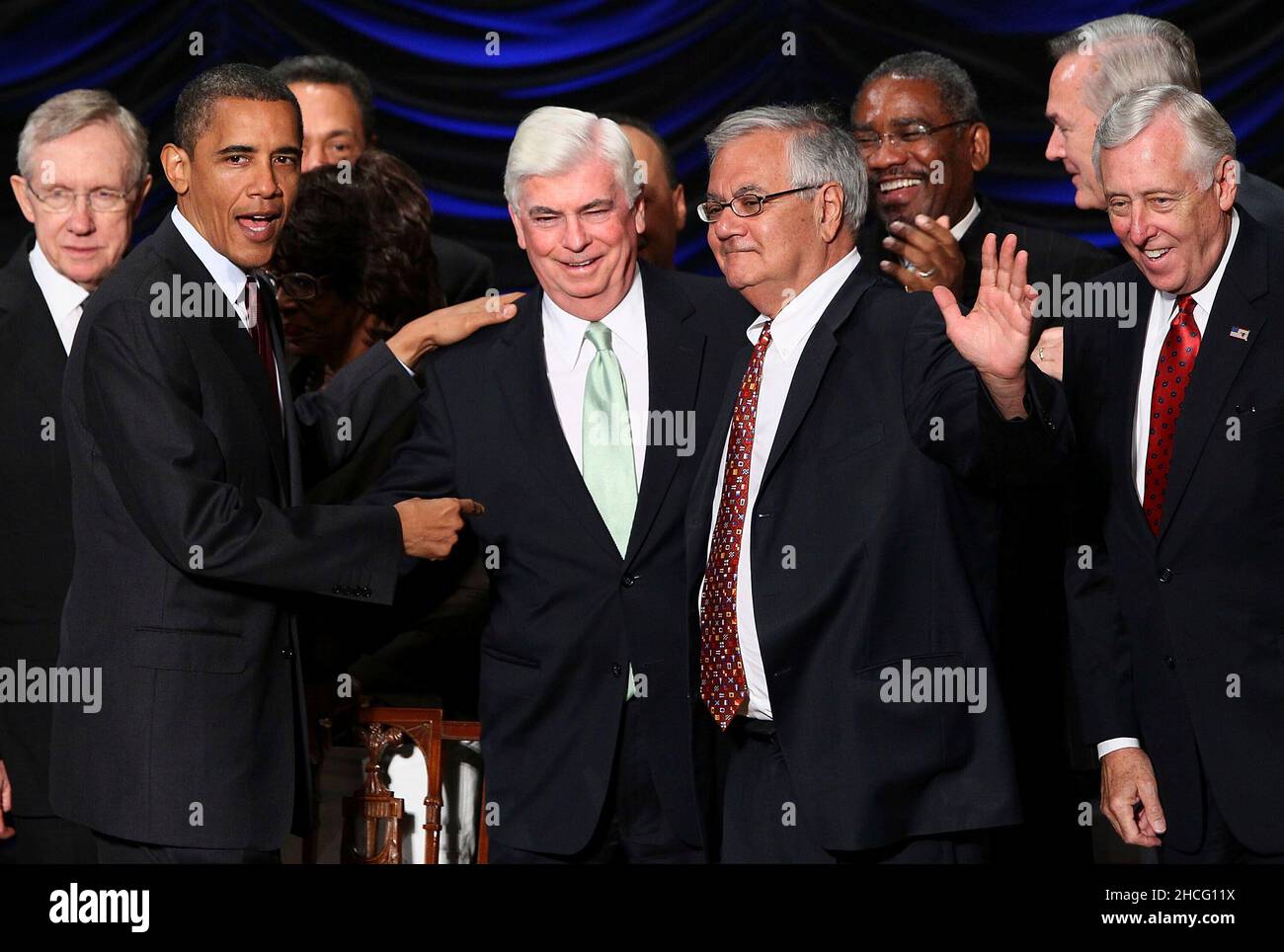 United States President Barack Obama (L) greets Rep. Barney Frank (R) (D-MA) and Sen. Chris Dodd (C) (D-CT) after signing the Dodd-Frank Wall Street Reform and Consumer Protection Act at the Ronald Reagan Building, Wednesday, July 21, 2010 in Washington, DC. The bill is the strongest financial reform legislation since the Great Depression and also creates a consumer protection bureau that oversees banks on mortgage lending and credit card practices. Also pictured are U.S. Senate Majority Leader Harry Reid (D-NV), far left, and U.S. House Majority Leader Steny Hoyer (D-MD), far right.Credit: W Stock Photo