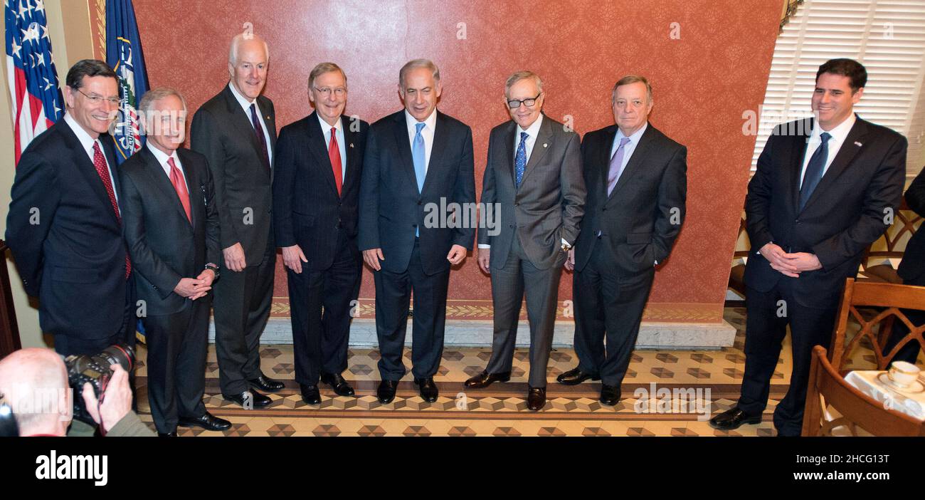 Bipartisan group of United States Senators pose for a group photo with Prime Minister Benjamin Netanyahu of Israel following the Prime Minister's address to a joint session of the United States Congress in the U.S. Capitol in Washington, DC on Tuesday, March 3, 2015. From left to right: U.S. Senator John Barrasso (Republican of Wyoming), U.S. Senator Bob Corker (Republican of Tennessee), U.S. Senator John Cornyn (Republican of Texas), U.S. Senate Majority Leader Mitch McConnell (Republican of Kentucky), Prime Minister Netanyahu, U.S. Senate Minority Leader Harry Reid (Democrat of Nevada), U. Stock Photo