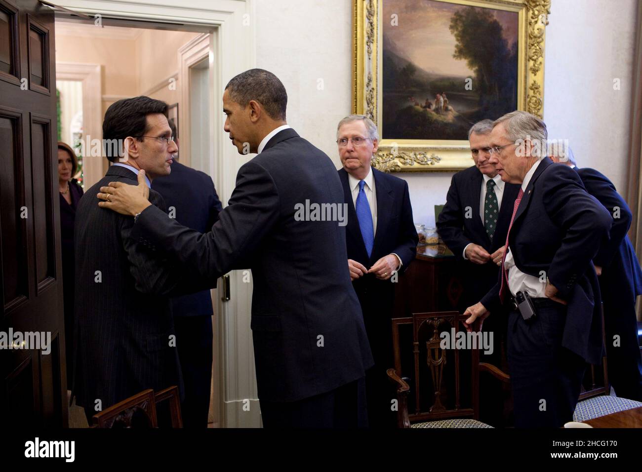 United States President Barack Obama talks with US Representative Eric Cantor (Republican of Virginia), US House Republican Whip, at the conclusion of a meeting with bipartisan Congressional leadership in the President's Private Dining Room, Tuesday, November 30, 2010. Listening at right are US Senate Republican Leader Mitch McConnell (Republican of Kentucky); US Senator Jon Kyl (Republican of Arizona) Senate Republican Whip; and US Senate Majority Leader Harry Reid (Democrat of Nevada). Mandatory Credit: Pete Souza - White House via CNP Stock Photo