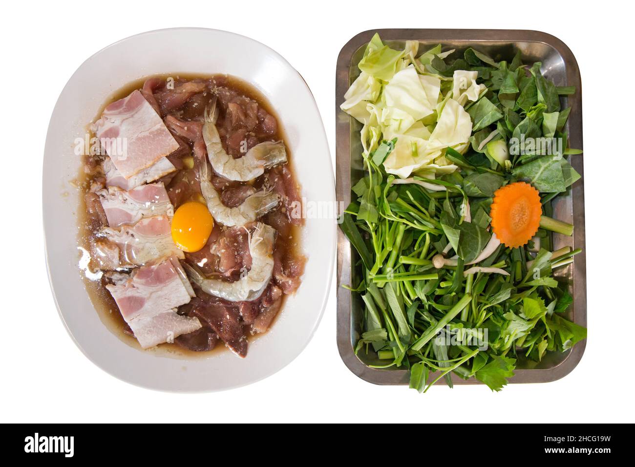 Die cut of Prawns, pork, fresh eggs prepare for make sukiyaki, focus selective Stock Photo