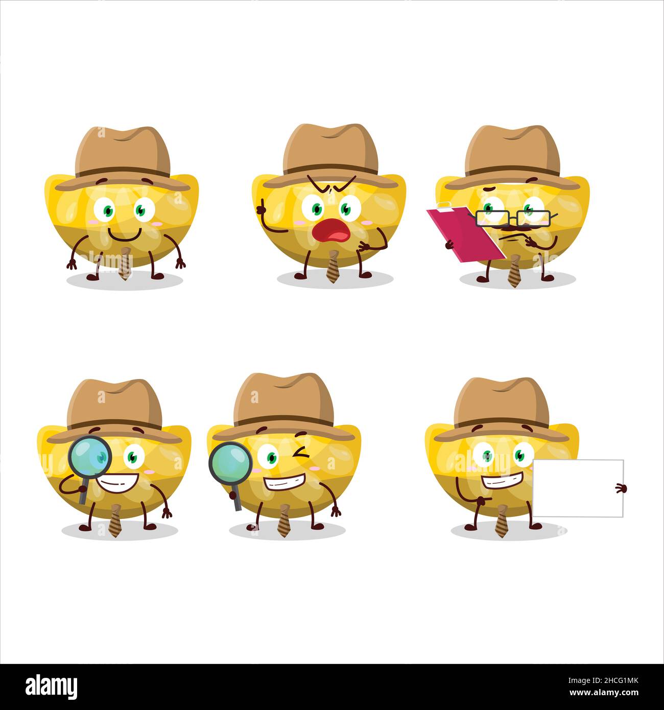 Detective orange gummy candy cute cartoon character holding magnifying ...