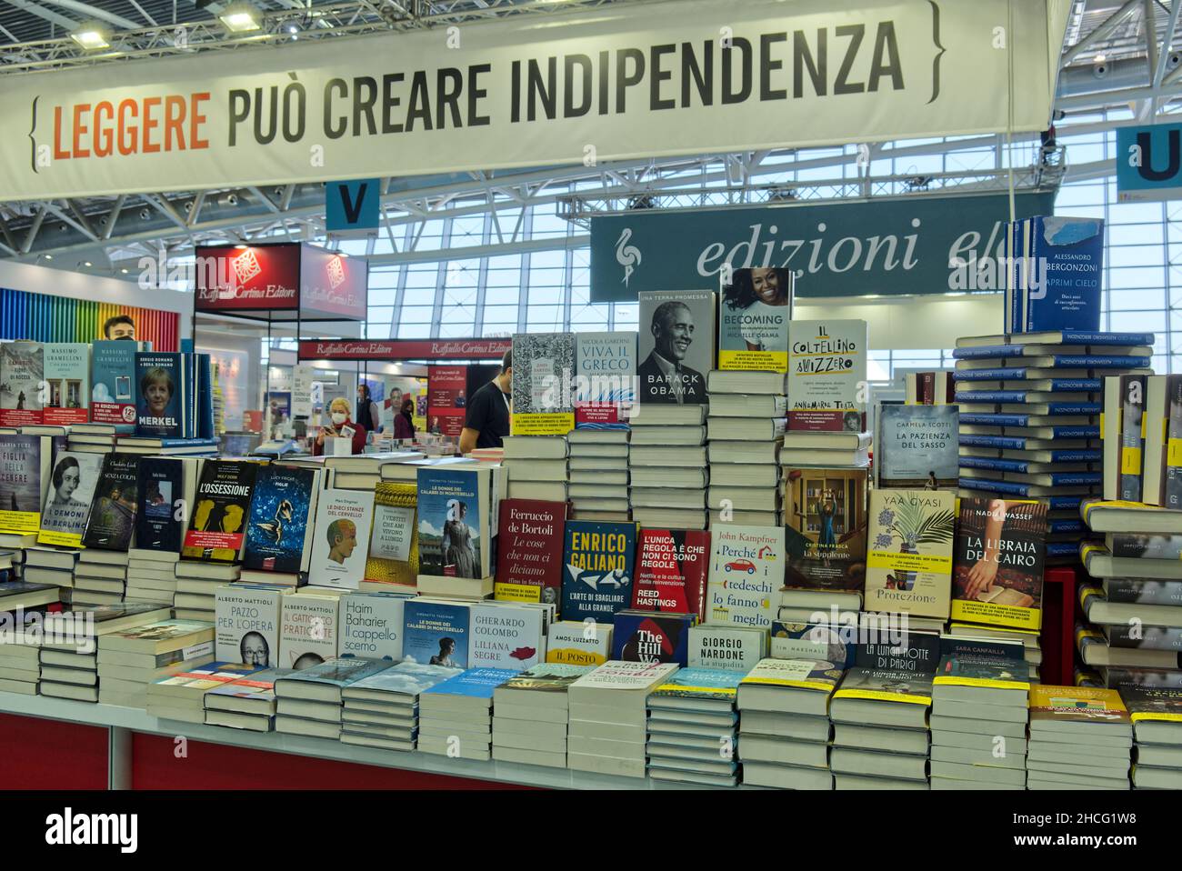 Bookcase column at the international book fair in Torino, Italy Stock Photo