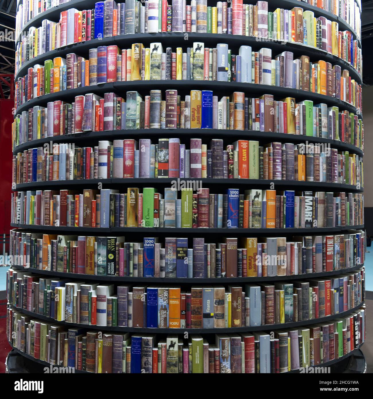 Bookcase column at the international book fair in Torino, Italy Stock Photo